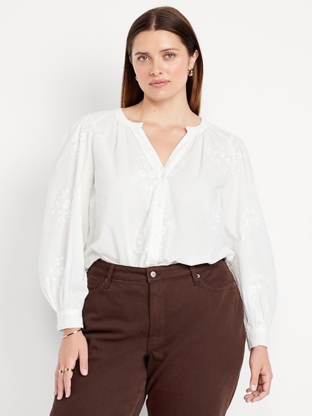 Old Navy Women's White Button-down  Embroidered Peasant Blouse NWOT